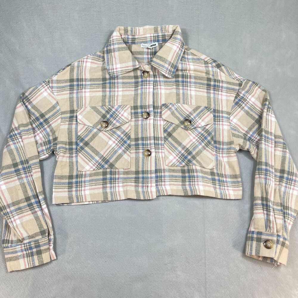 Fashion Nova Shacket Womens Medium Shirt Top Tan Cropped Plaid Flannel Button Up